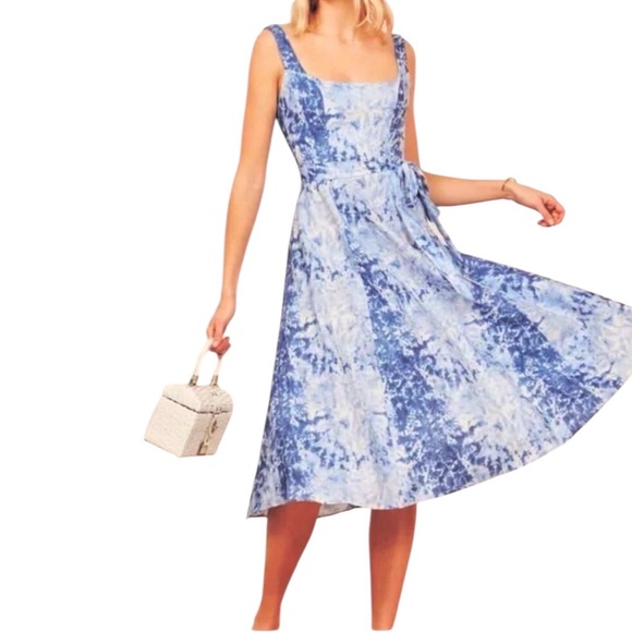 Reformation Garten Linen Blue Shibori Wrap Midi Dress Size XS